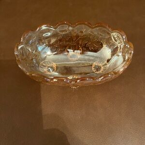 Vintage Jeanette Peach Carnival Glass Footed Oval Bowl/Candy Dish